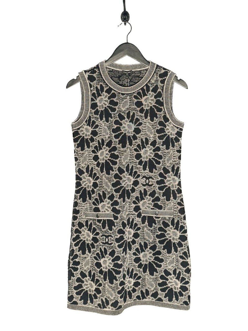 Chanel 2020 Black White Floral CC Knit Sleeveless Dress